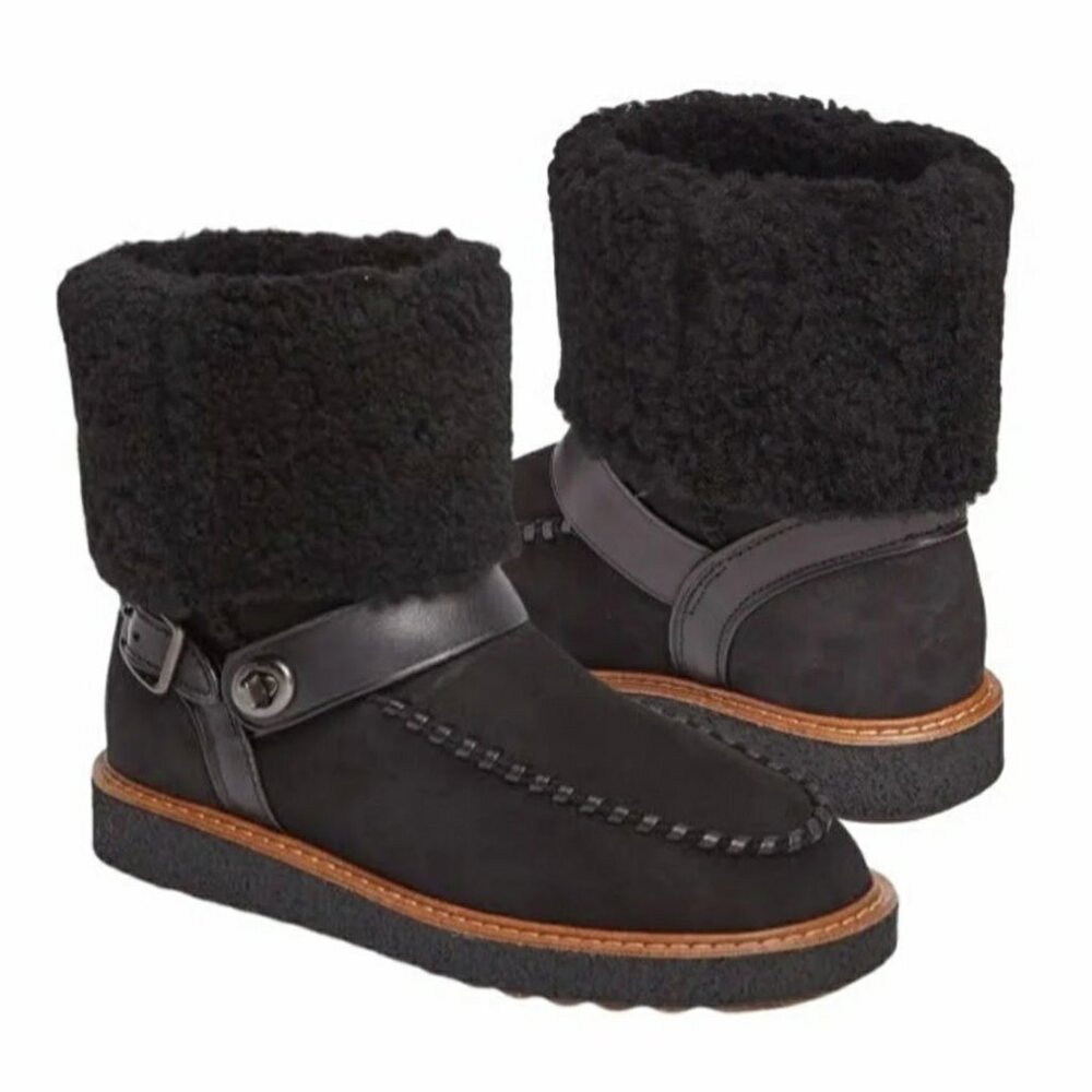 COACH Shearling Turnlock Women Harness Black Color Suede Boots size 5B